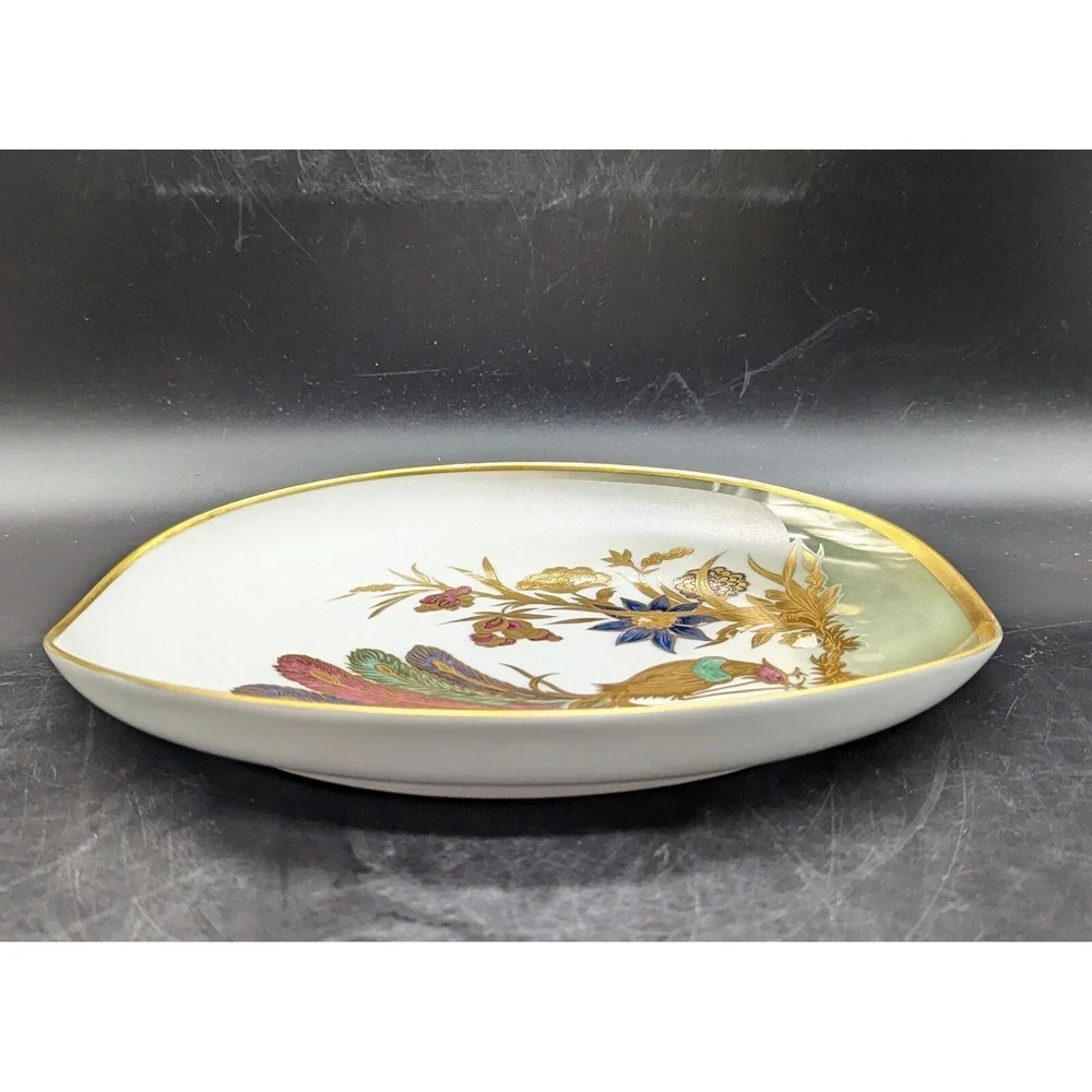 Vintage Dipinto A Mano Longo Oro Zecchino Italy Oval Dish Pheasant Bird Flower